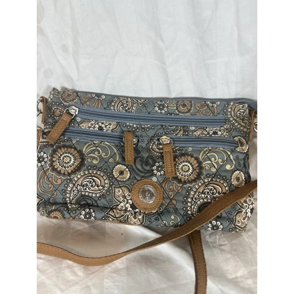 Stone Mountain Blue Paisley Quilted Fabric Multi Pocket Crossbody Bag Womens